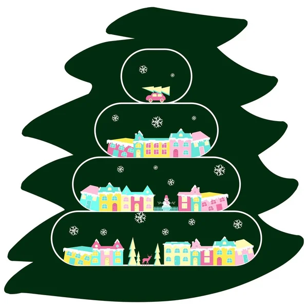 Pueblo de invierno en árbol de Navidad . — Vector de stock