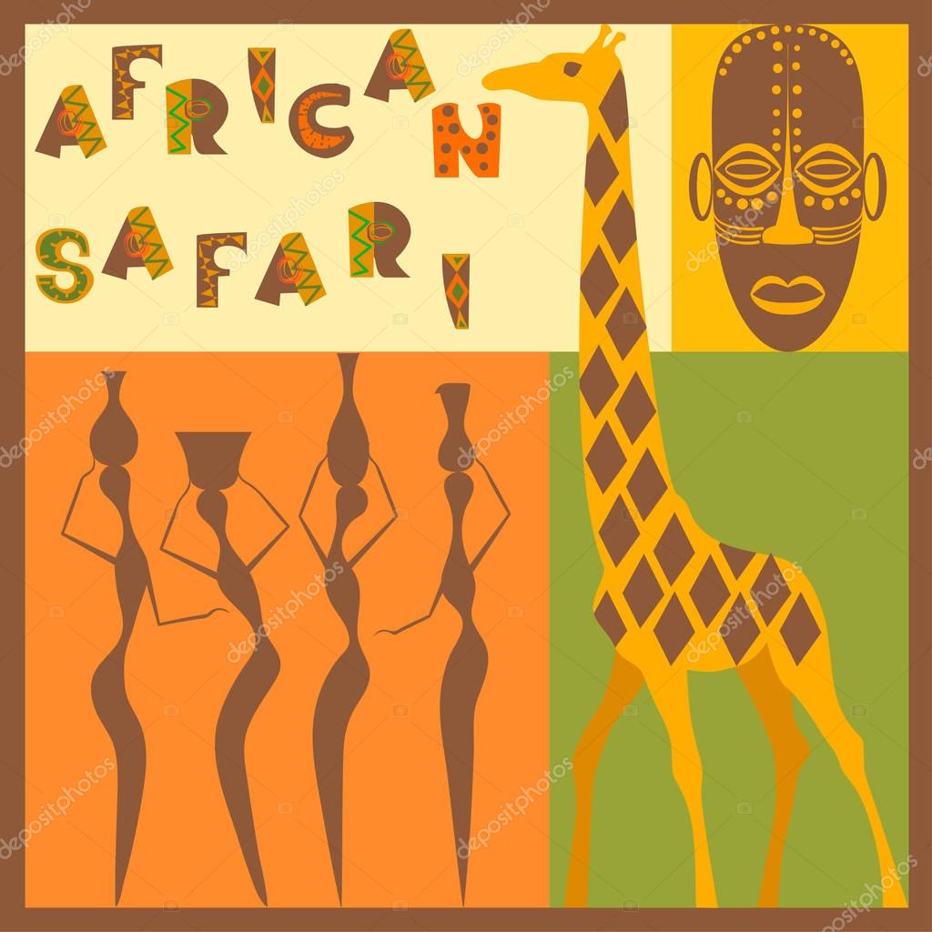 Conceptual ethnic illustration with different african animals, ornament, mask and people made in flat design style Travel to africa banner template Explore the world. Vector eps10