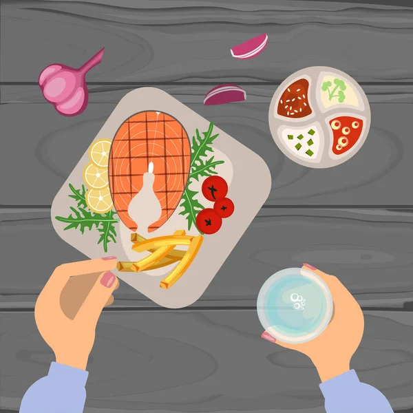 La personne mange du poisson grillé — Image vectorielle