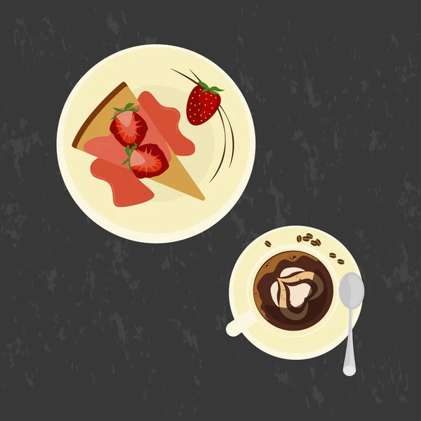 草莓蛋糕与爱喝咖啡 — 图库矢量图片