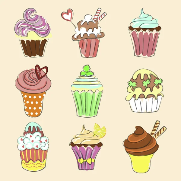 Collection de cupcakes dessinés à la main — Image vectorielle