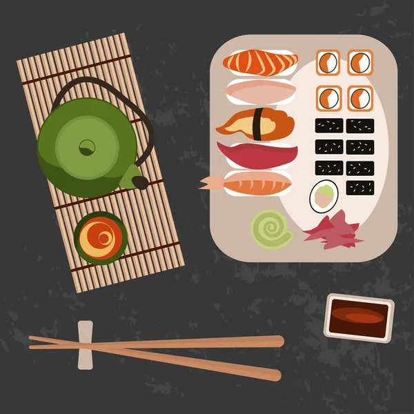 Sushi delicioso, pãezinhos e tee — Vetor de Stock