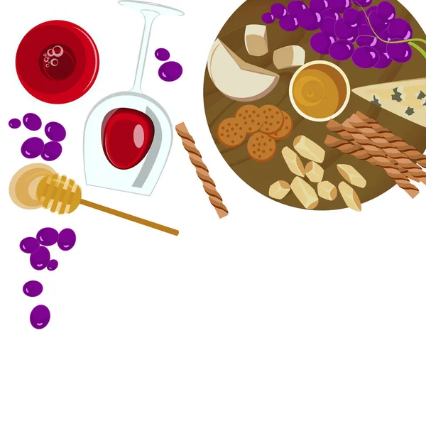 Trauben, Honig, Käse mit einem Glas Wein — Stockvektor