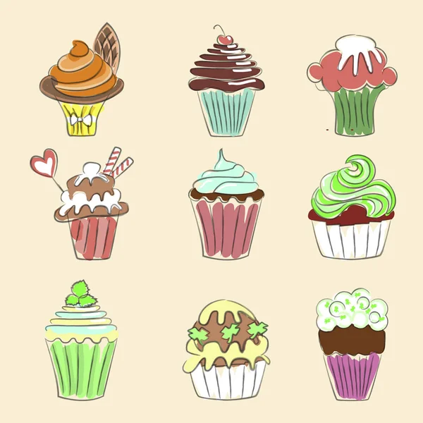 Sammlung handgezeichneter Cupcakes — Stockvektor
