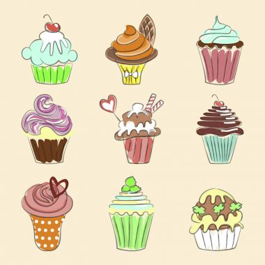 Elle çizilmiş cupcakes topluluğu