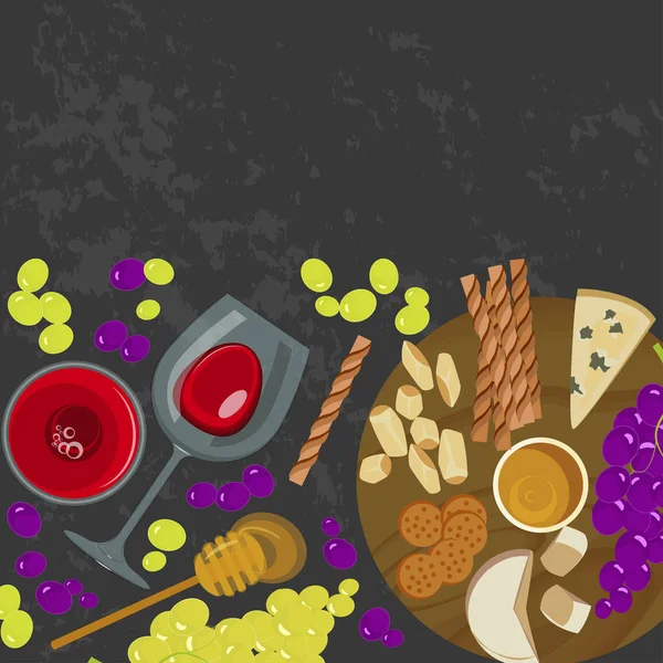 Druiven, honing, kaas met een glas wijn — Stockvector