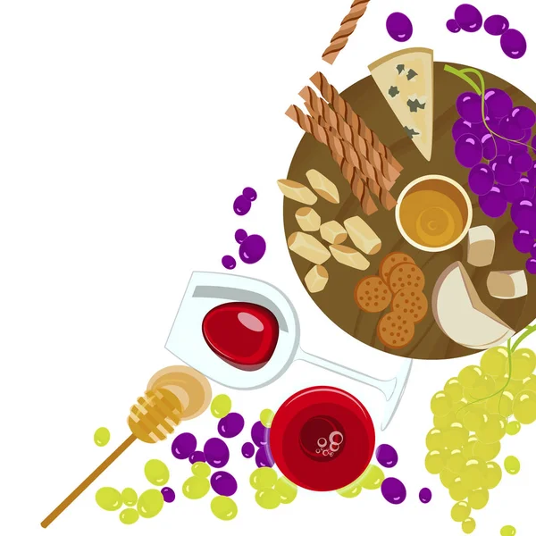 Uvas, miel, queso con copa de vino — Vector de stock