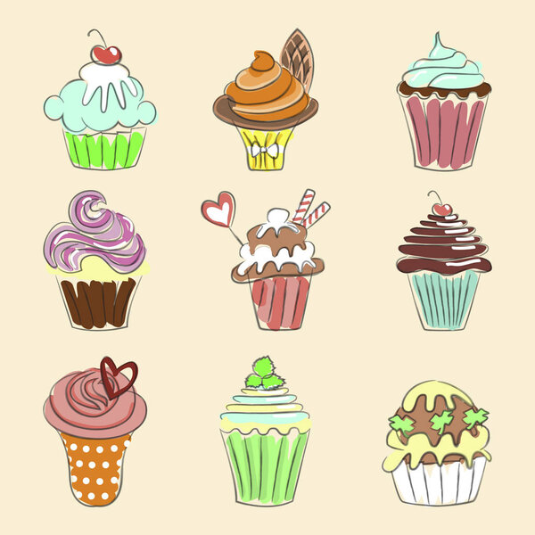 Collection of Hand drawn cupcakes