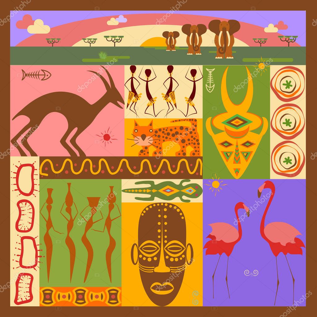 Conceptual ethnic illustration with different african animals, ornament, mask and people made in flat design style Travel to africa banner template Explore the world. Vector eps10