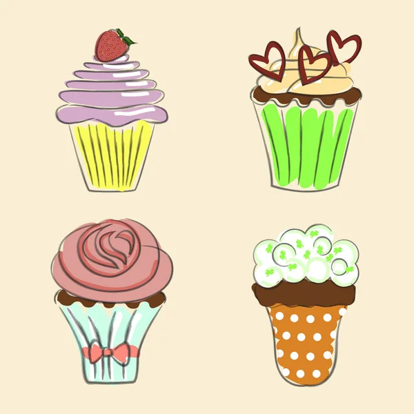 Collection de cupcakes dessinés à la main — Image vectorielle