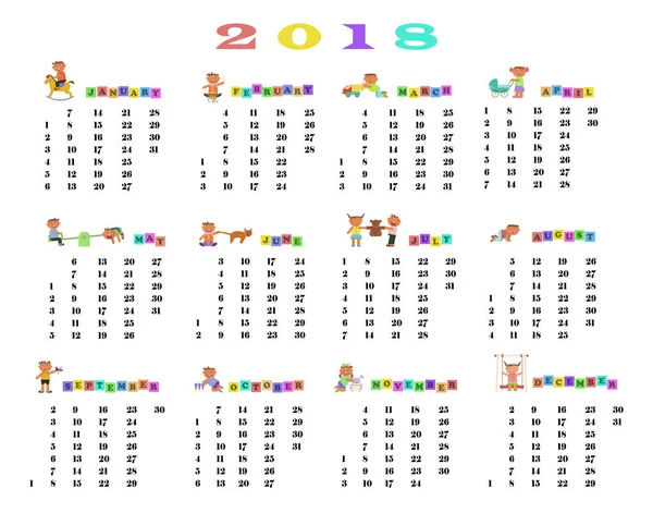 Календарь 2018 с симпатичными детьми — стоковый вектор