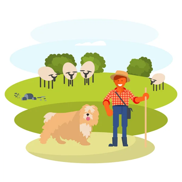 Man cattleman with Shepherd dog — Stock Vector