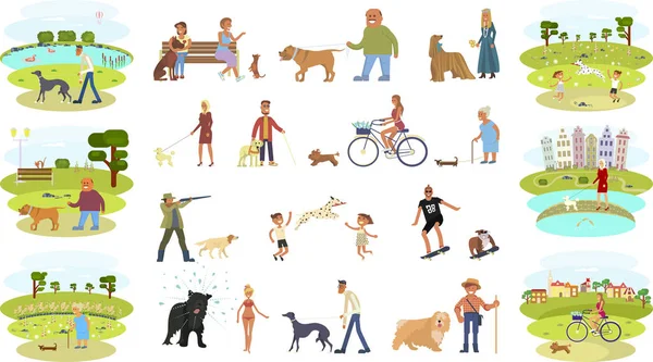 Les gens marchant avec des chiens — Image vectorielle