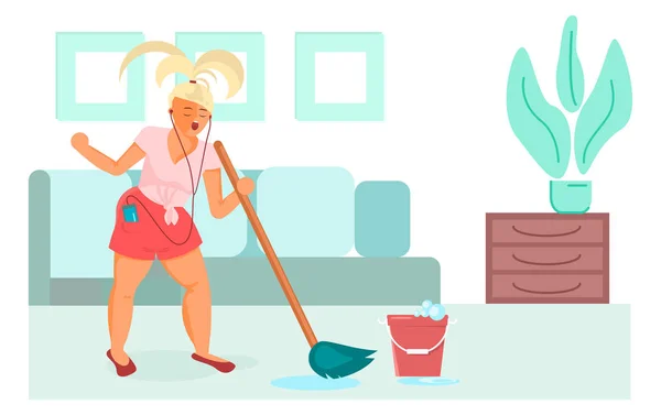 Домогосподарка миє підлогу і співає — стоковий вектор