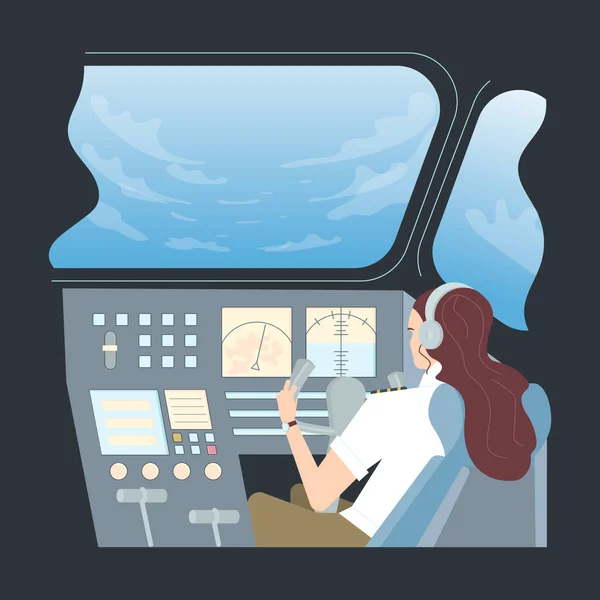Pilota donna in cabina di pilotaggio aeromobili — Vettoriale Stock