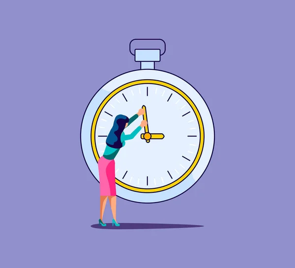 La mujer sostiene la mano del reloj — Vector de stock