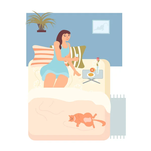 Vrouw ontbijt op bed — Stockvector