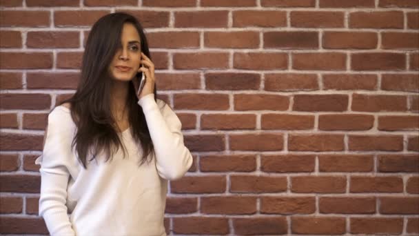전화로 얘기하는 행복 한 여성 — 비디오