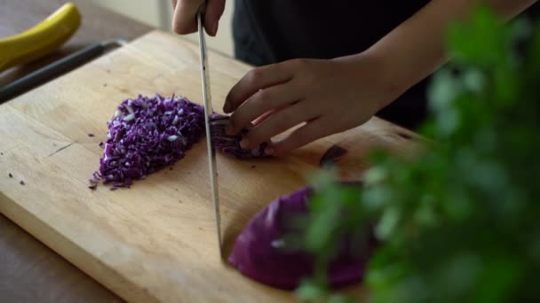 Donna che taglia cavolo rosso fresco su un tavolo di legno in cucina — Video Stock