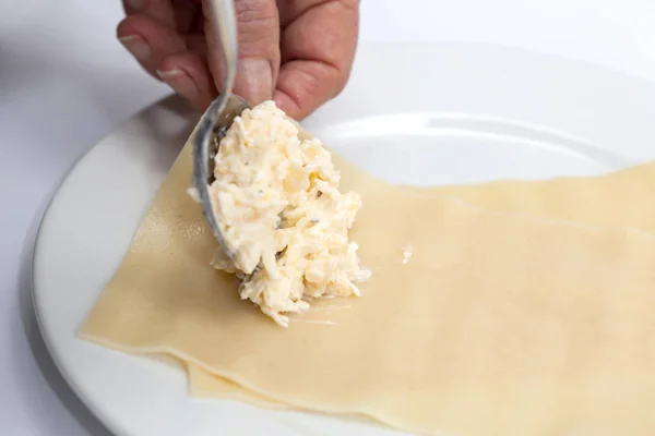 Llenado de pasta de lasaña con queso —  Fotos de Stock