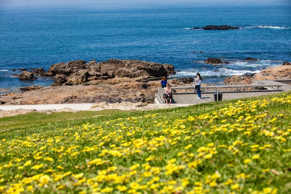 Ludzie cieszący się pięknym wczesnym wiosennym dniem na promenadzie wzdłuż wybrzeża miasta Porto — Zdjęcie stockowe
