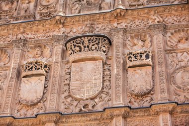 Salamanca Üniversitesi 'nin tarihi binasının güzel cephesinin ayrıntıları