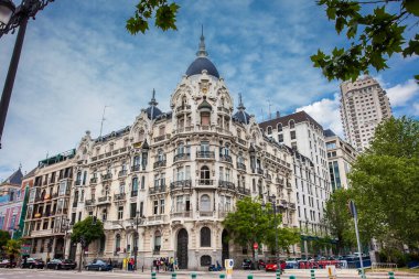 MADRID, SPAIN - MAY, 2018: Beautiful building and street close to Spain Square in Madrid