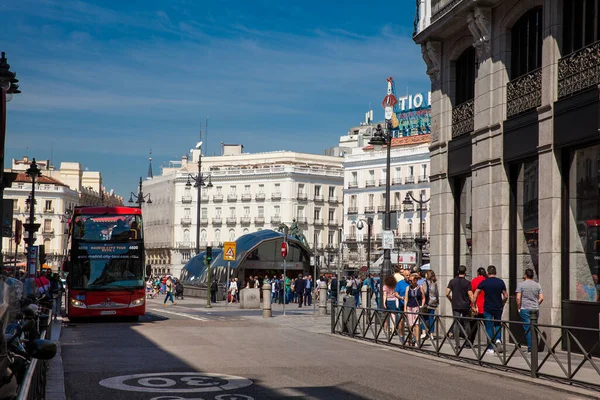 MADRID, SPAIN - MAY, 2018: View of the public transport at Plaza del Sol square including Sol Metro station and public bus