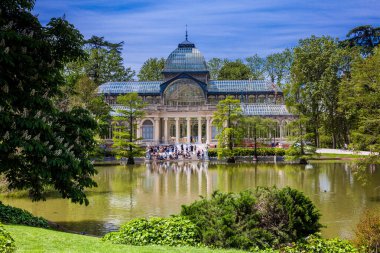 MADRID, SPAIN - MAY, 2018: View of the beautiful Palacio de Cristal a conservatory located in El Retiro Park built in 1887 in Madrid