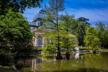 MADRID, SPAIN - MAY, 2018: View of the beautiful Palacio de Cristal a conservatory located in El Retiro Park built in 1887 in Madrid