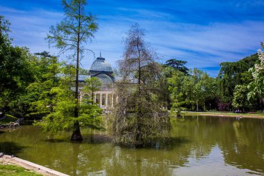 MADRID, SPAIN - MAY, 2018: View of the beautiful Palacio de Cristal a conservatory located in El Retiro Park built in 1887 in Madrid