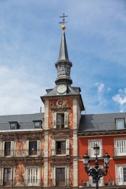MADRID, SPAIN - MAY, 2018: Beautiful antique buildings around Plaza Mayor at Madrid city center