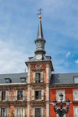 MADRID, SPAIN - MAY, 2018: Beautiful antique buildings around Plaza Mayor at Madrid city center