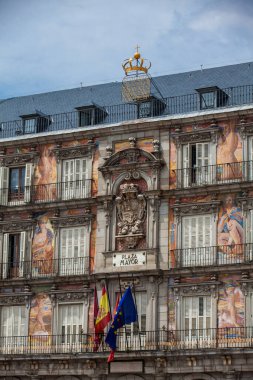 MADRID, SPAIN - MAY, 2018: Beautiful antique buildings around Plaza Mayor at Madrid city center