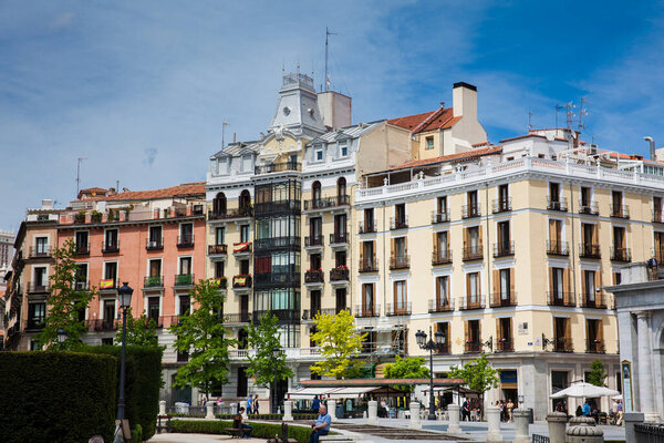 MADRID, SPAIN - MAY, 2018: Beautiful antique buildings around Plaza de Oriente at Madrid city center