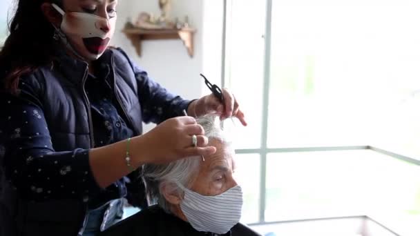 Mujer mayor recibiendo un corte de pelo en casa durante la pandemia de Covid-19 con mascarilla facial — Vídeo de stock