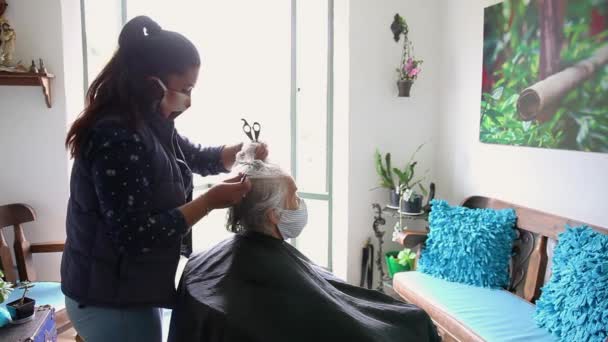 Senior kvinna att få en frisyr hemma under Covid-19 pandemi bär ansiktsmask Royaltyfri Stockvideo