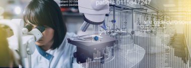 Biyolojik tehlike koruma giysisi bilim adamı mikroskop ile covid 19 örneği analiz ediyor ve Coronavirus covid 19 tutuyor. Mikroskop ile virüs yap. İlaç üretiminin arka planına karşı davaların örnek ders takvimi