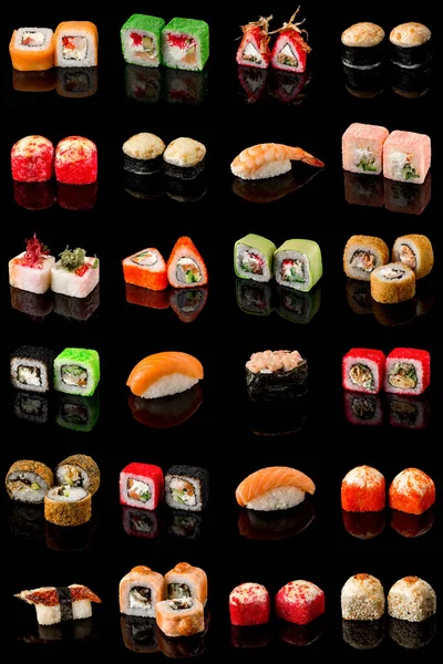 Asya mutfağı için Japon dürümleri menüsü: somon, karides, yengeç, omlet, pirinç, nori, yosun, salatalık, avokado, ton balığı, yılan balığı. konsept - restoran ve kafe için menü.