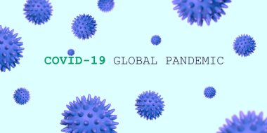 Mavi covid-19 örneği, mavi pankartta virüsün yeni bir türü. Metin için boş alan. Kavram - Dünya Salgını