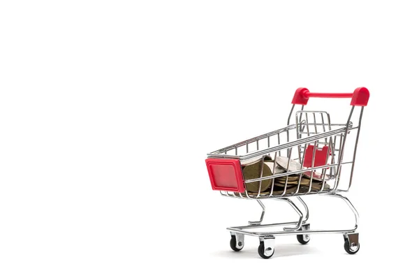 Korean coins and shopping cart on white background : economy con — Stock Photo, Image