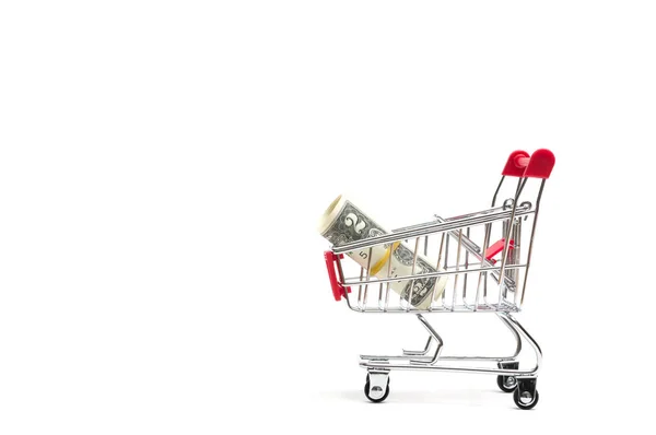 Dollar and shopping cart on white background : economy concept — Stock Photo, Image