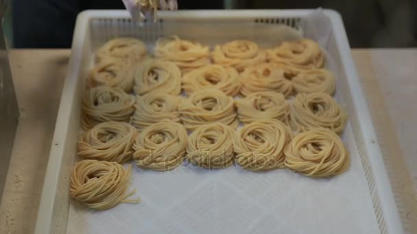 Lots of uncooked Italian Pasta Fettuccine Spaghetti — Stock Video