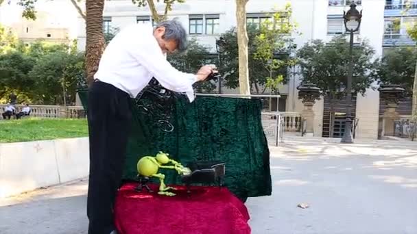 BARCELONA - AUGUST 23: Ventriloquist with a frog puppet playing at piano, on August 23, 2015 on the street in Barcelona, Spain. — Stock Video