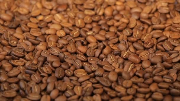 Grãos de café, uma pilha de grãos de café torrados girando. Fechar — Vídeo de Stock