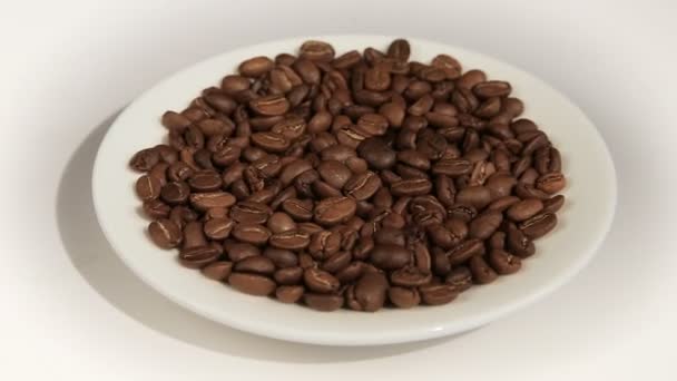 Cierre de granos de café. Rotación en bucle. Frente a la cámara gira placa blanca con granos de café — Vídeo de stock