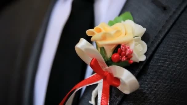 Corsages op het kostuum van de bruidegom. Close-up — Stockvideo