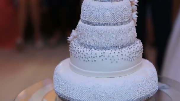 Bolo de casamento está pronto para cortar e comer por casal apaixonado — Vídeo de Stock