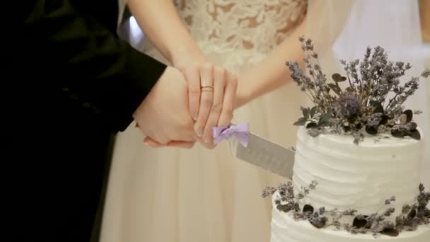 Das Brautpaar schnitt die Hochzeitstorte an. Hände des Brautpaares schneiden ein Stück Hochzeitstorte an. Schöne Hochzeitstorte mit Blumen dekoriert — Stockvideo