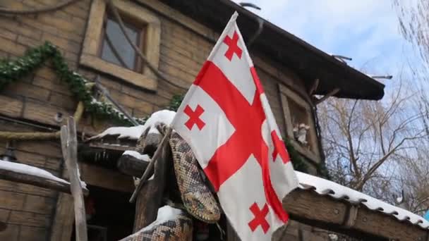 Drapeau national de Géorgie agitant le signe du vent en hiver — Video